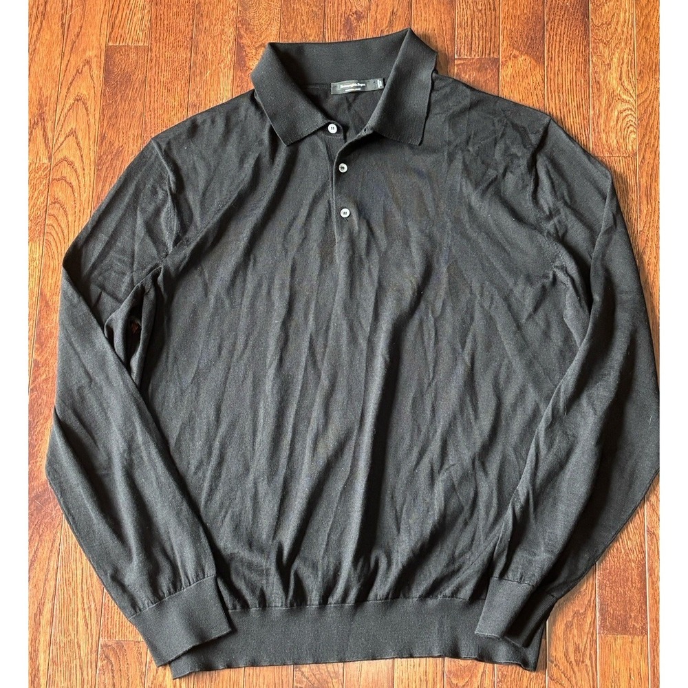 Zegna  Cashseta Polo Long Sleeve Black Collared Cashmere Silk‎ 4XL 60